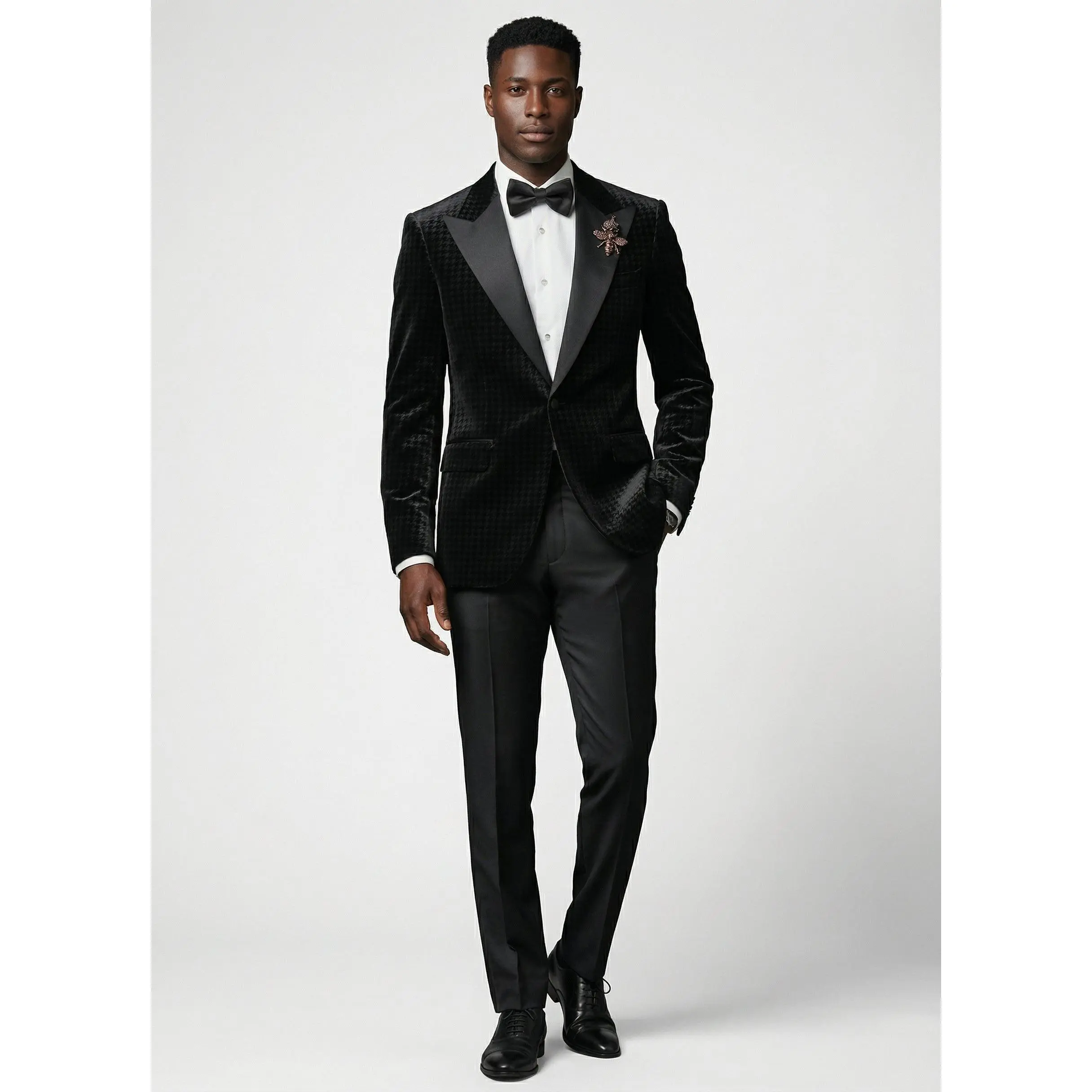 Black Velvet Houndstooth Slim Fit Jacket