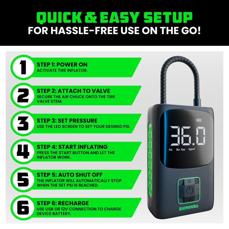 Rhino USA Tire Inflator Portable Air Compressor (150 PSI) Upgraded Air Pump for Car Tires with Digital Pressure Gauge