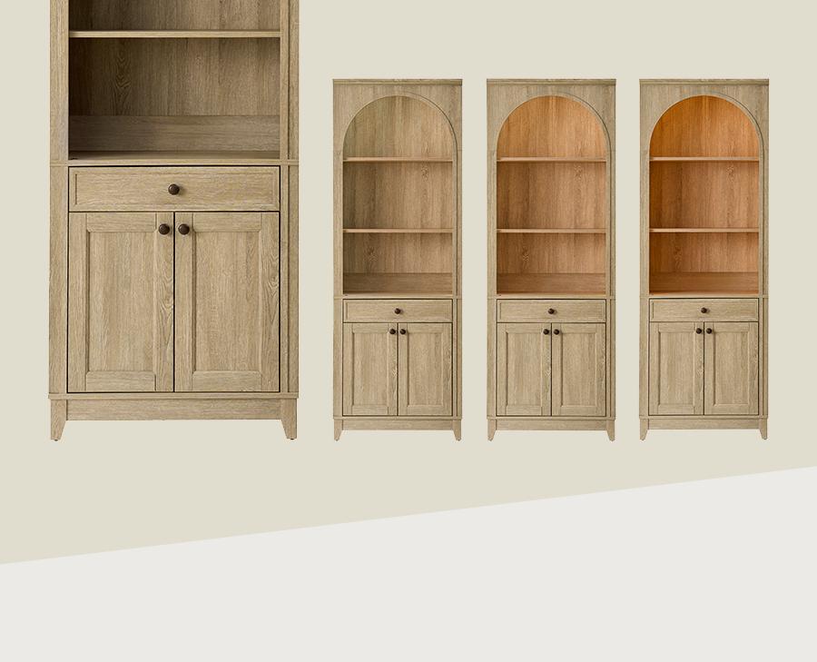 Hulala Baggio Modern Storage Bookcase with Smooth-Glide Drawer, Built-in LED Light, Arched Shape, Touch Switch for Three Lighting Options, Bookshelf, Living Room, Aesthetic