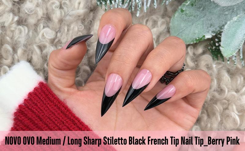 NOVO OVO Black French Tip Sharp Stiletto Pointed Medium Long Nail Tips Press on Berry Pink, Soft Gel Fake Acrylic Extension, Full Cover False Nails for Salon DIY x 16 Sizes 160 pcs【NO GLUE ,TOP COATAND LAMP INCLUDED】