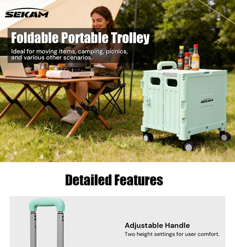 Foldable Rolling Utility Cart with 360° Wheels – Portable, Collapsible Crate with Telescopic Handle and Lid for Travel, Grocery Office Use