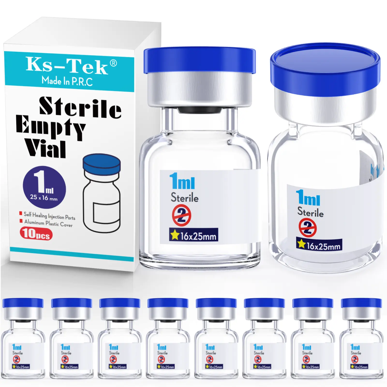 Sterile Empty Glass Vials with Self-Healing Injection Port, Aluminium-Plastic Cap, Self-Sealing Rubber Stopper, 10ml (10pcs), 15ml Bottle Options, 20Ml 10Pcs), Autoclaved Package, PTFE Component, Enhanced Puncture Capability, Strong Sealing Performance