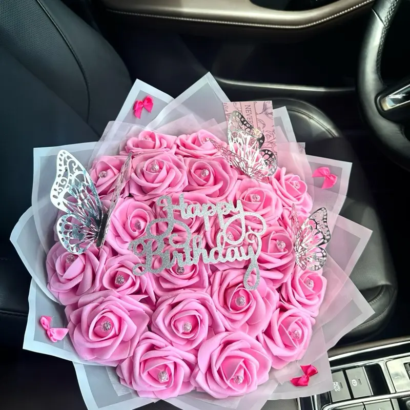 Eternal Everlasting Rosé Happy Birthday Bouquet with butterflies Ramo - Perfect gift for Birthday, Graduation, Anniversary, or “Just Because”