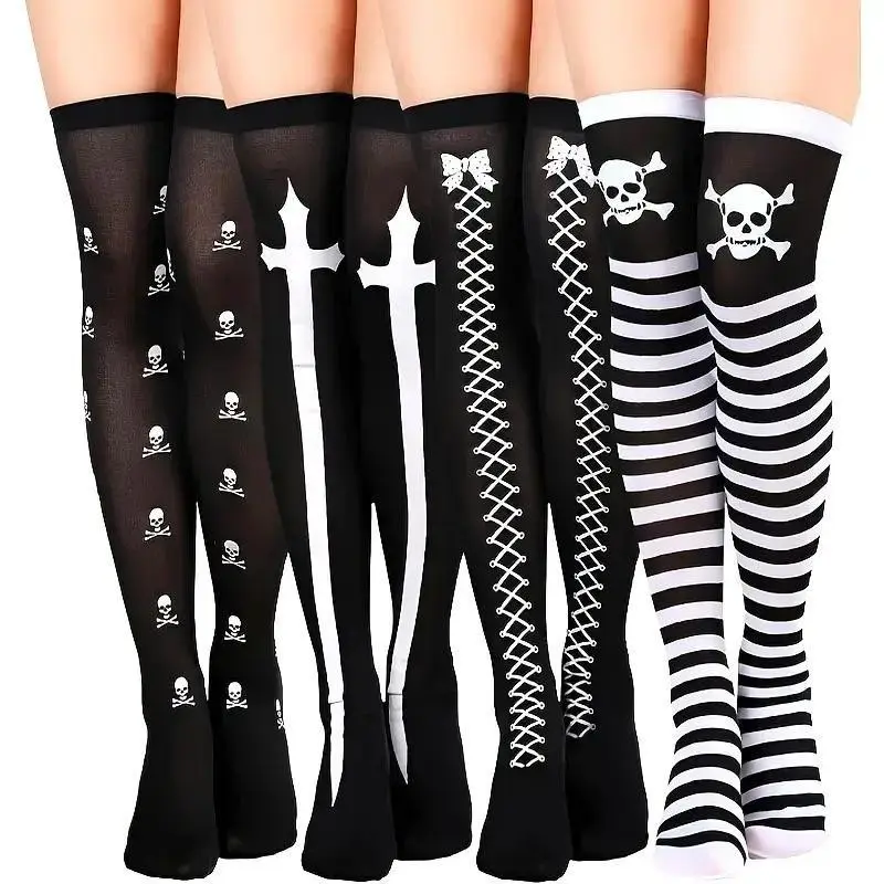 4 Pairs Halloween Thigh High Long Stockings, over Knee Stockings, Cosplay Skull Socks, Perfect for Costume Parties and Events