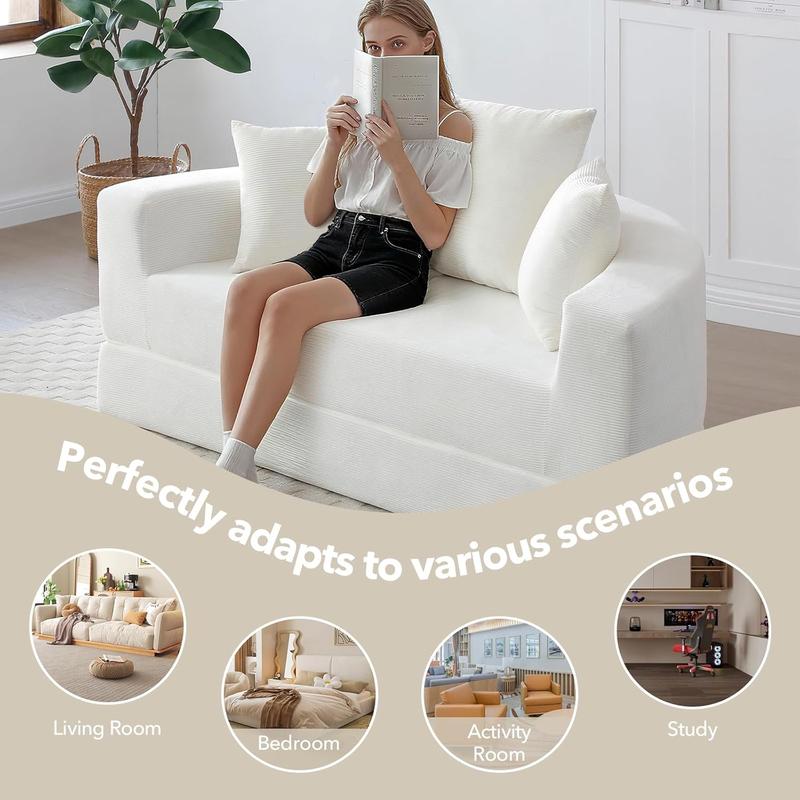 Round Boneless Couch, Corduroy Upholstered Folding Convertible Sofa Bed with Pillows, 2-in-1 Futon Sofa Bed with Half-Circle Design, Comfy Loveseat for Living Room, Apartment (Beige) Round Boneless Couch, Corduroy Upholstered Folding Convertible Sofa Bed with Pillows, 2-in-1 Futon Sofa Bed with Half-Circle Design, Comfy Loveseat for Living Room, Apartment (Beige)