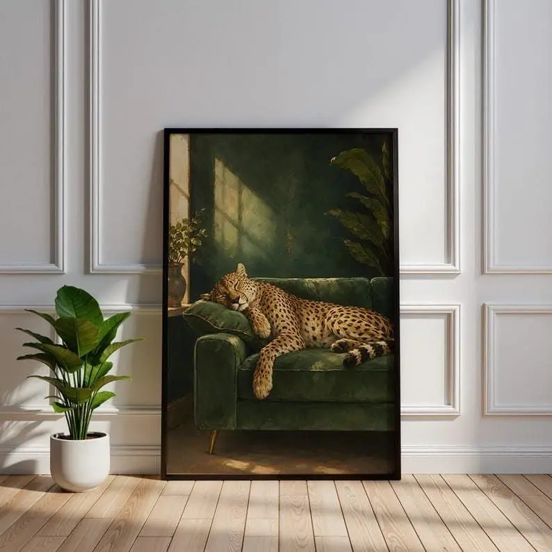 Leopard on Emerald Green Sofa Animal Graphic Paper Print, Vintage Safari Decor, Multi-Size Living Room Wall Art, Living Room Decor