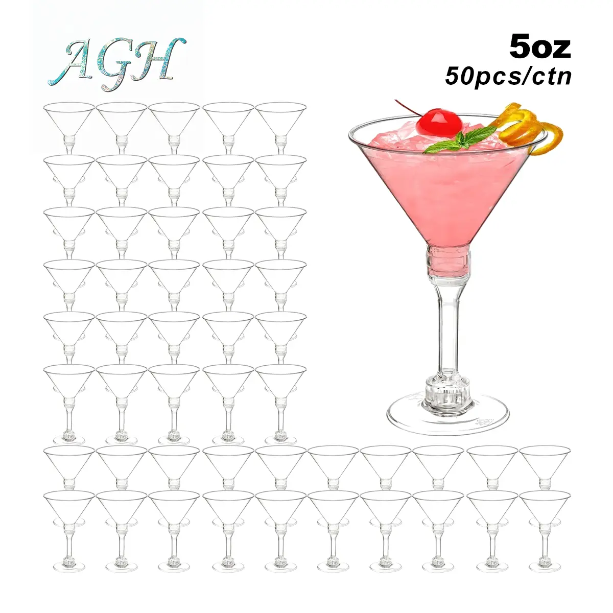 AGH 50Pcs 5oz Premium Clear Plastic Disposable Toasting Glasses, Ideal for Champagne, Cocktail, Wine, Tequila, Wedding, Engagement, Party and Mimosa Bar