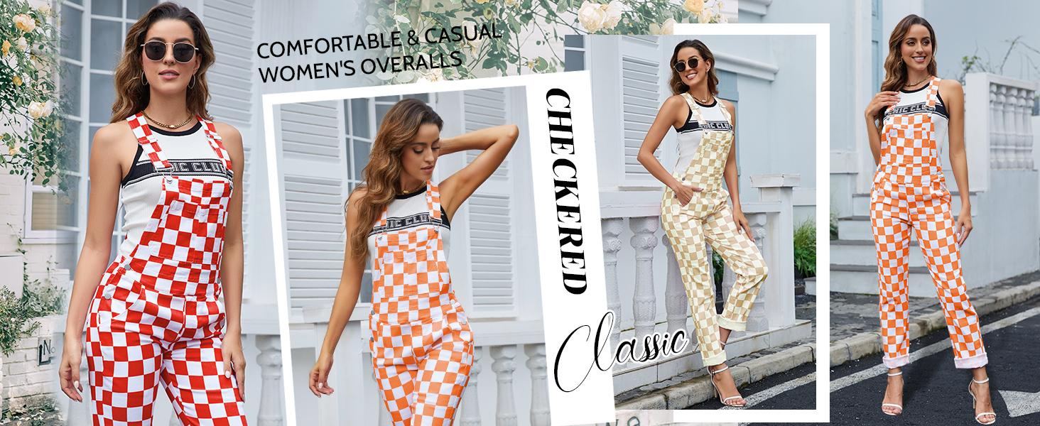 ODEFOU St. Patrick's Day Checkered Overalls for Women Stretch Plaid Print Football Game Outfit Fashion Jean Jumpsuit Cute Denim Bibs Coveralls Sleeveless Clothes Spring Fall Winter Festival Vibes Womenswear