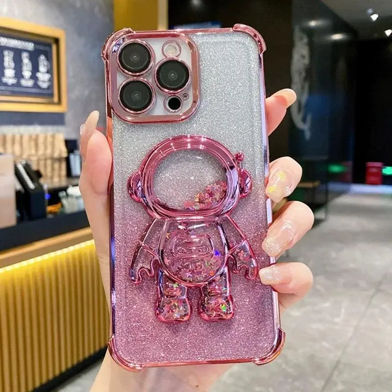 Glitter Quicksand Astronaut Design Phone Case, 1 Count Shockproof Protective Electroplate Phone Case, Fashion Mobile Phone Accessories Compatible with iPhone Series