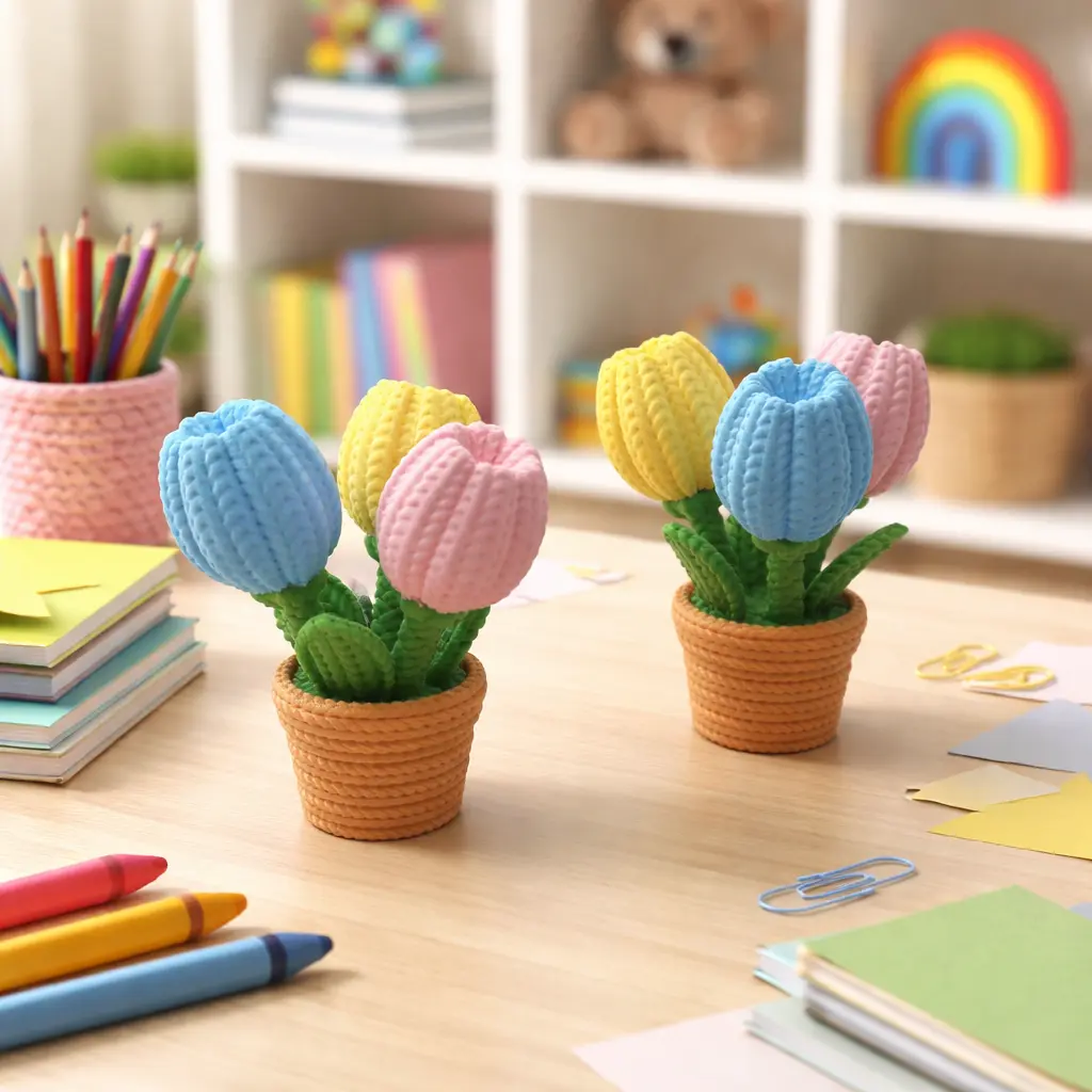 Knitted Tulip Flowers – Floral Desk Top Decor Knitted Tulip Flowers – Floral Desk Top Decor