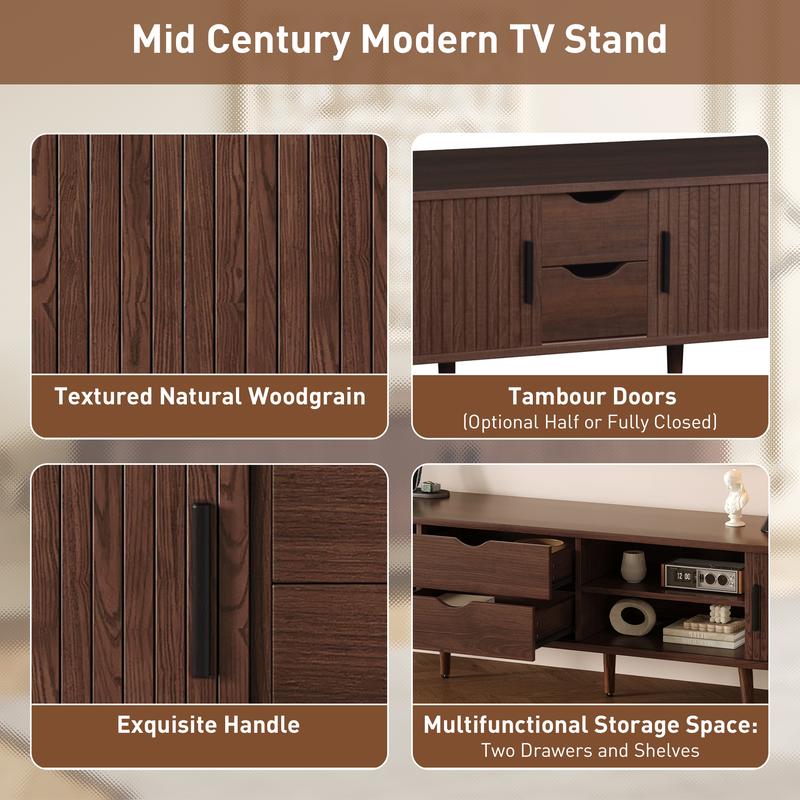70 Inch Mid Century Modern TV Stand, TV Stand for 80 Inch TV, TV Stand with Tambour Doors, Drawers and Power Outlet, TV Consoles for Living Room, Bedroom