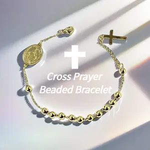 Gold Cross Prayer Beaded Bracelet with St Benedict Medal Pendant Adjustable Clasp Hypoallergenic Beads for Daily Wear and Meaningful Gifting
