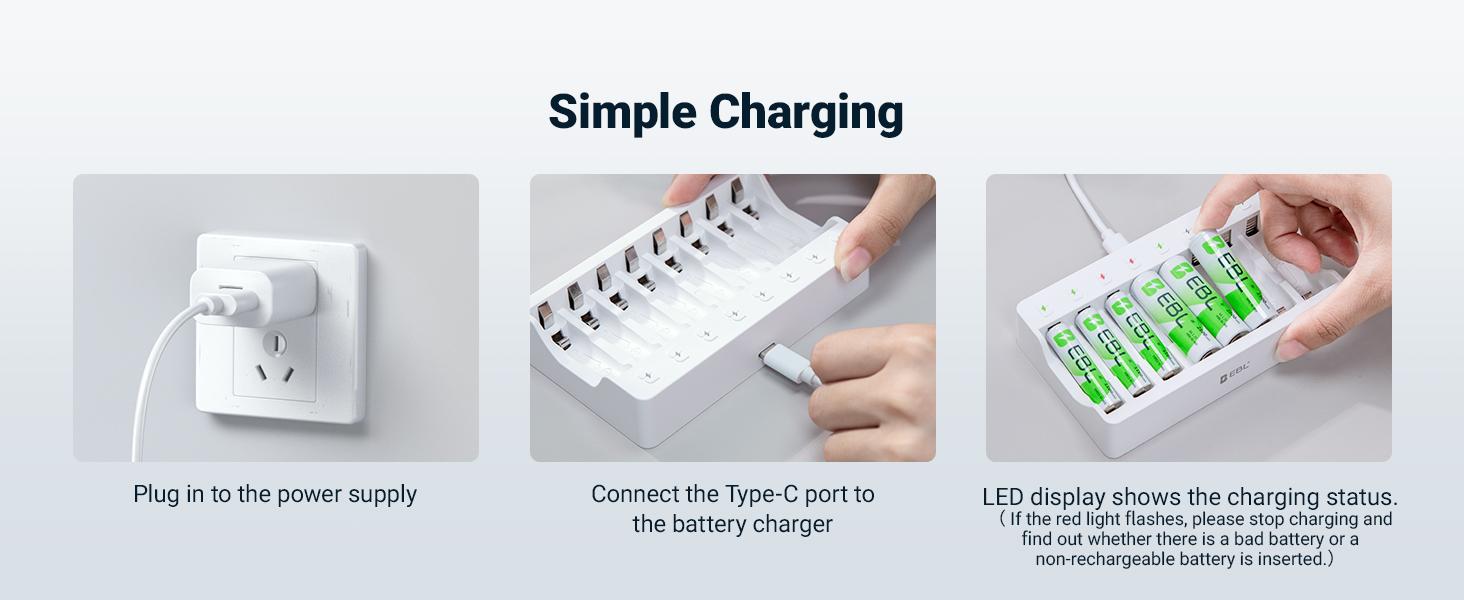 EBL Rechargeable AA Batteries 2800mAh and AAA Ni-MH Rechargeable Batteries 1100mAh with 8-Bay AA AAA Individual Battery Charger