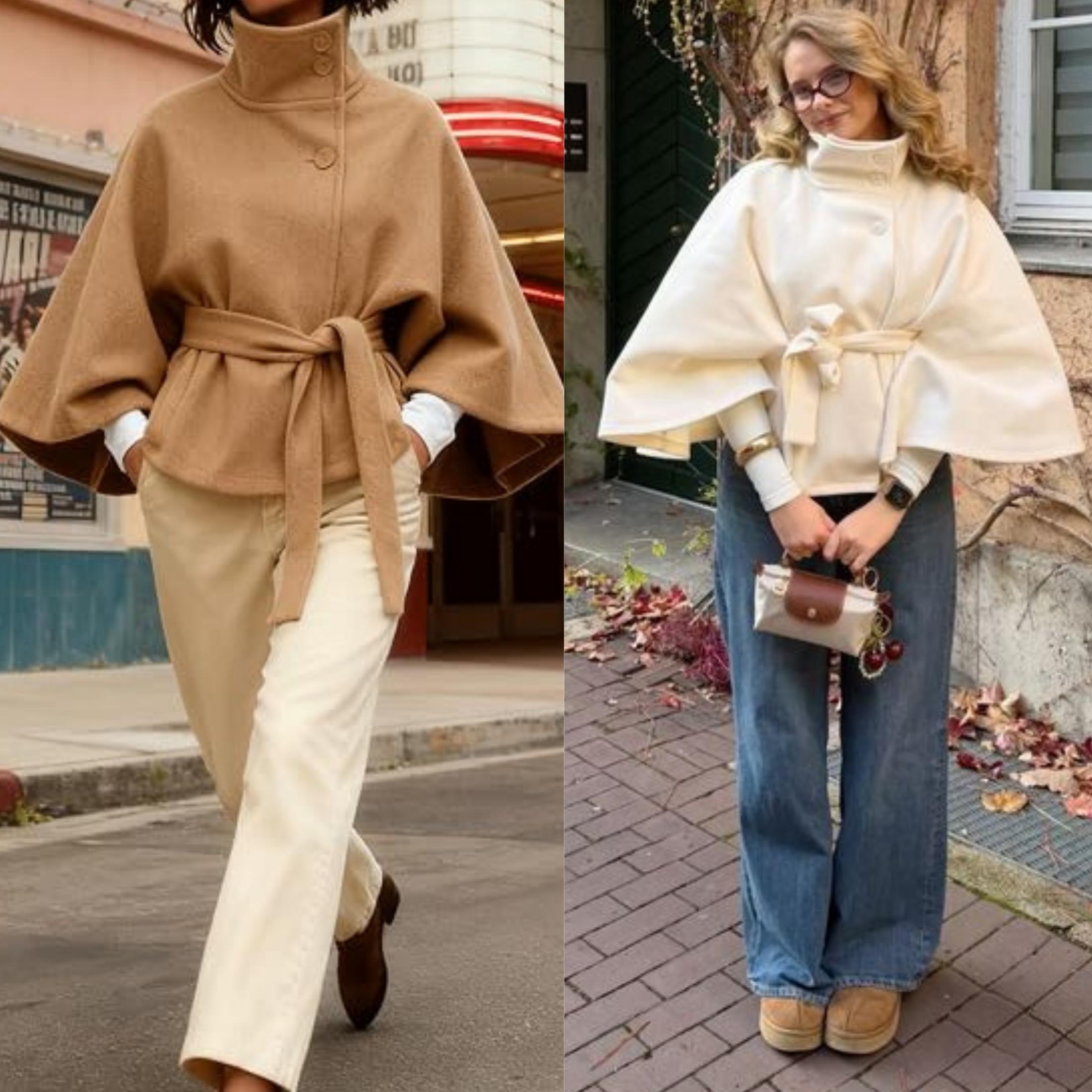 YeeZaa Poncho Pea Coat for Women Wool Blend Oversized Belted 2026 Fashion Fall Winter Elegant Stand Collar Cropped Cape Jacket Batwing Sleeve Trendy Casual  Outerwear Overcoat