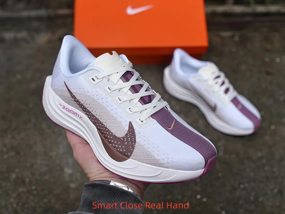 Cream off-white low-top collectible sneakers, perforated knit mesh with gradient mauve purple spliced panels