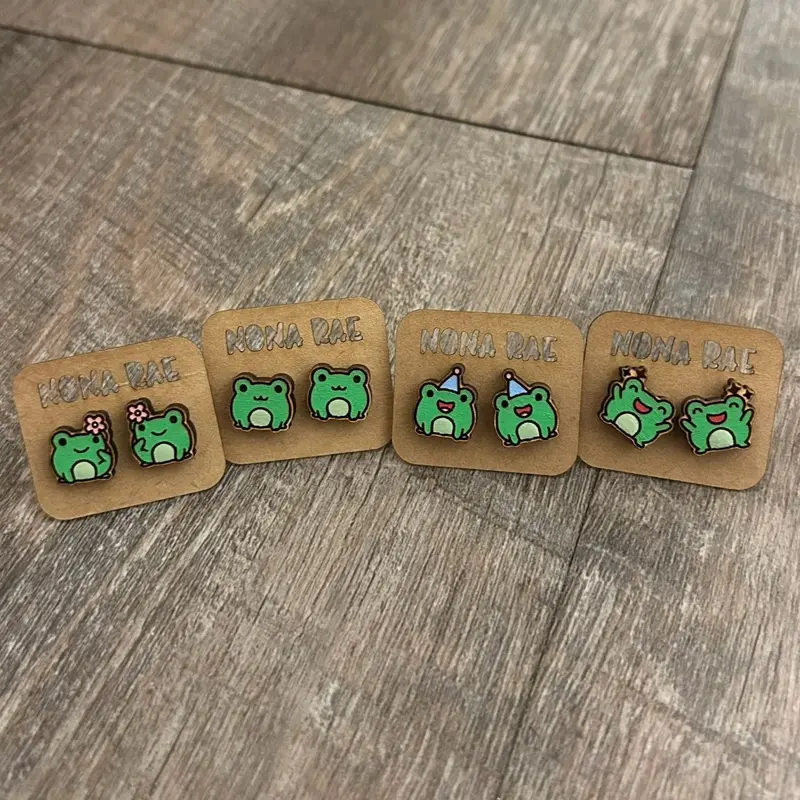 Frog Stud Earrings – Adorable Kawaii Frog Wooden Earrings Frog Stud Earrings – Adorable Kawaii Frog Wooden Earrings