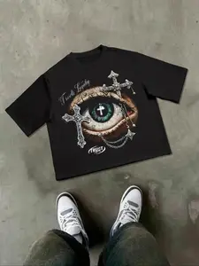 FEEGO Men's Eye Print Round Neck Crop Tee, Regular Fit Casual Short Sleeve Crew Neck T-Shirt for Daily Wear, Fashion Men's Top for Summer, Tropical cotton gift tee fathersdaygift