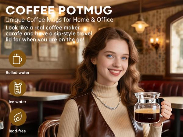 UFORU Coffee Mug with Lid 16oz Glass Creative Cup, Coffee Lovers' Top Choice, Dimensions: 4.9inches tall, 3.8 inches wide, Includes Coaster, Ergonomic Handle Design, Valentine's Day gift, a little surprise for your loved one