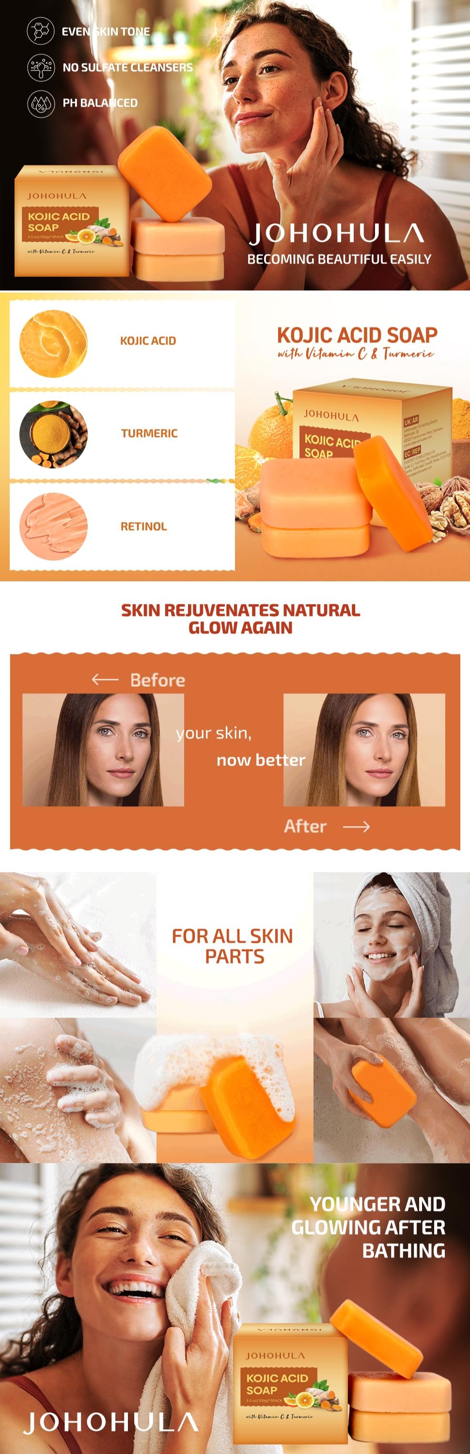 Johohula Turmeric Kojic Acid Soap: Dark Spot Corrector with Vitamin C, Retinol, Collagen. Smooths, firms, brightens. For face & body. 3 x 100g bars