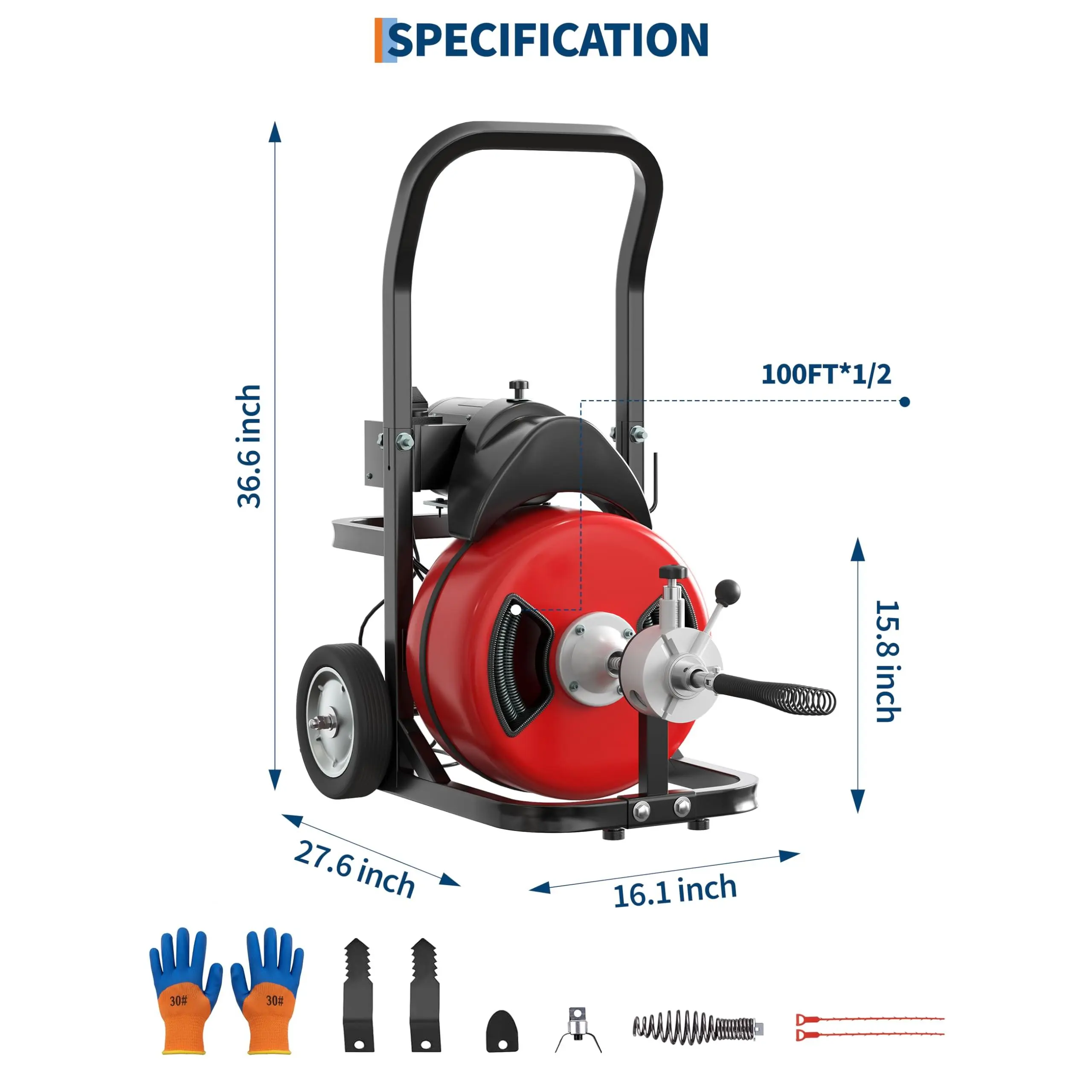 【GARVEE】Reliable Electric Drain Cleaner Machine - 370W Motor, 100FT x 1/2" Steel Core Cable, Heavy-Duty Sewer Snake with Cutter, Air-Activated Foot Switch, Dual Wheels, Portable Plumbing Auger for Commercial & Home Pipe Clog Removal, Red & Black