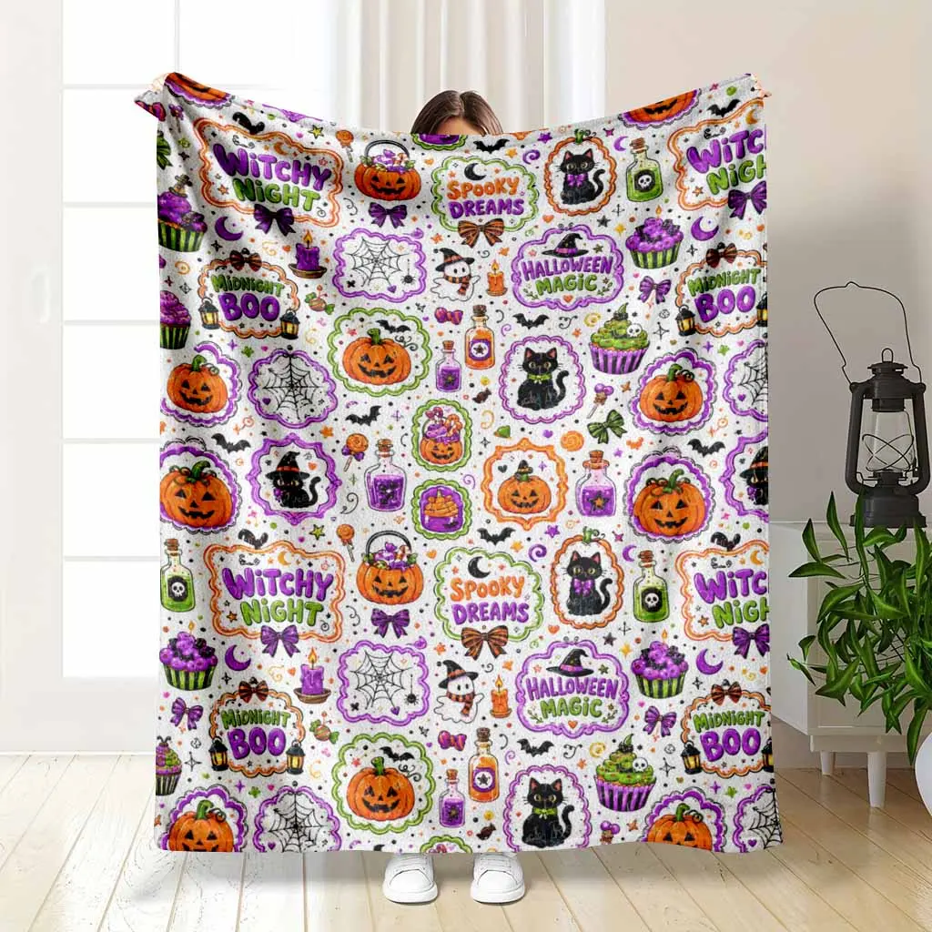 Halloween Pumpkin Black Cat Flannel Blanket Witchy Night Spooky Dreams Elements Soft Cozy Lightweight Warm Fuzzy Plush Throw for Bed Sofa Living Room Couch Halloween Party Gift Indoor Outdoor Decor