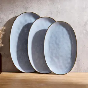 ONE of ONE Serving Platter, Oval 15.59/14.3/12.9inch Serving Dishes for Entertaining, Serving Bowls, Reactive Glaze, Stoneware Serving Trays for Party, Food, Turkey, Cheese, Ocean Series, Blue