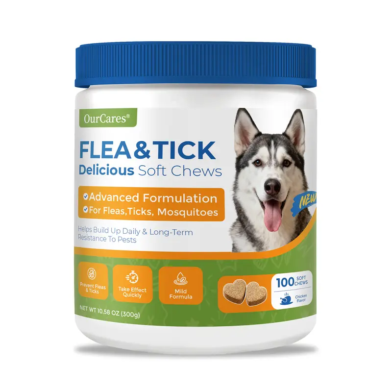 OURCARES Dog FLEA& TICK Prevention Formula Upgrade 100 Soft Chews Treats for Dog Plant-Based with Coconut Oil Flaxseed Oil -Vet-Reviewed Premium Ingredients for All Breeds