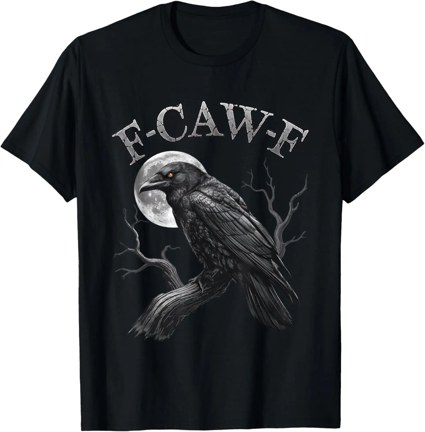 Women's Short-Sleeve Dark Aesthetic Tshirt with a Funny Crow Moon "F-Caw-F" Graphic for Adult Humor, Streetwear, Bird Moon Print, Crow Motif, Funny Graphic, Gothic Look, Casual Cut, Shortsleeve, Round Neck, T-Shirt, Lady, Goth Vibes