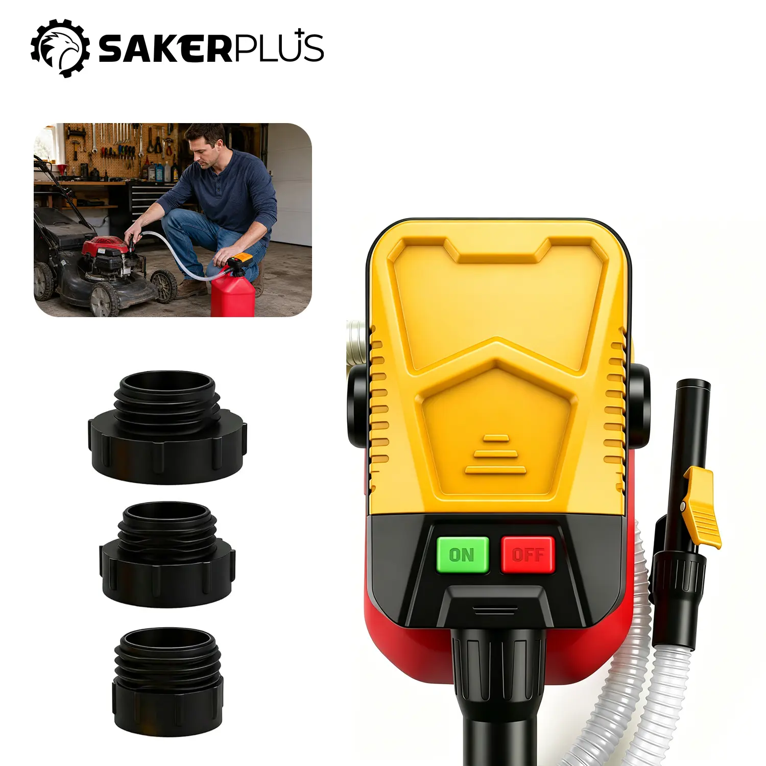 Sakerplus Battery Powered Fuel Transfer Pump with Auto-Stop, Portable Electric Gas Can Pump with 3 Adapters, 2.4 GPM High Flow Automatic Shut-Off Liquid Transfer Pump for Gasoline, Diesel, Kerosene