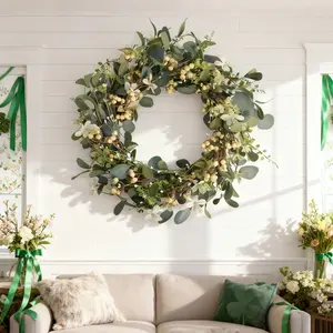 22 Inch Sprig wreath Artificial Eucalyptus Berry Wreath Green Leaf Spring Summer Wreath for Front Door Wall Window Bedroom Decoration Party Hanging Ornament