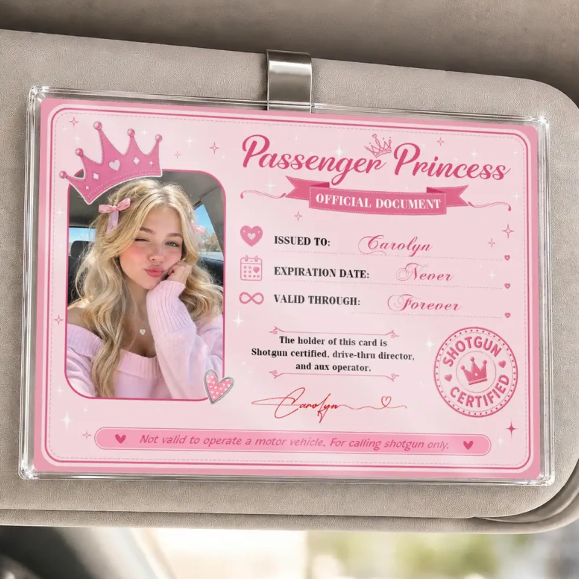Personalized Funny Passenger Princess Car Visor Clip for Couples, Custom Photo & Name, Acrylic Passenger Princess Clip, Gift for Girlfriend
