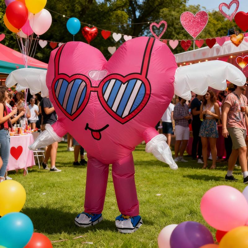 Adult Pink Heart-shaped Inflatable Costume with Built-in Fan Polyester Full-Body Outfit for Valentine's Day Wedding Anniversary Mother's Day Father's Day Birthday Fits 155-180cm Clothes Womenswear