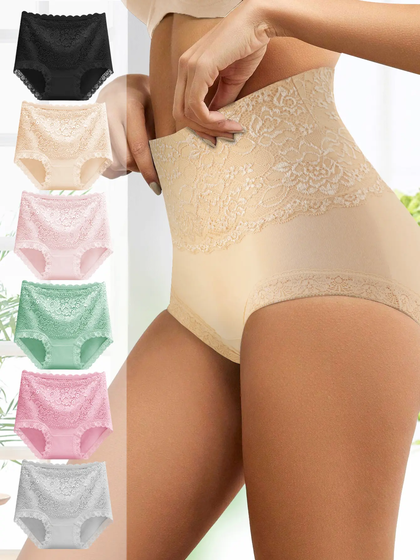 QUASTI 6 Piece Women's High waist Briefs, Lace Style Cotton Comfortable & Breathable Underwear, Hip Lifting Fashionable Design, Suitable For Women's Daily Life