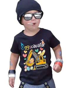 Toddler Boys Mom's Little Excavator Helper Mother's Day T-Shirt, Cute Construction Truck Bunny Graphic Tee for Kids, Little Boys Short Sleeve Cotton Shirt, Sweet Mother's Day Gift for Sons