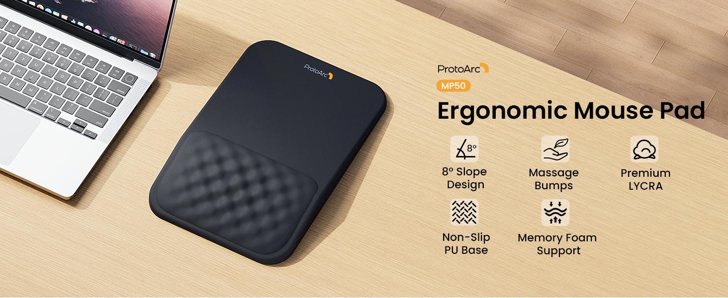 ProtoArc Mouse Pad, MP50 Ergonomic Mouse Mat with Wrist Support Massage Design for Pain Reilef, Non-Slip Rubber Base, Waterproof, Soft Memory Foam, Mousepad for Computer Mouse, Laptop, Office, Desk Gadgets, Husband Gifts