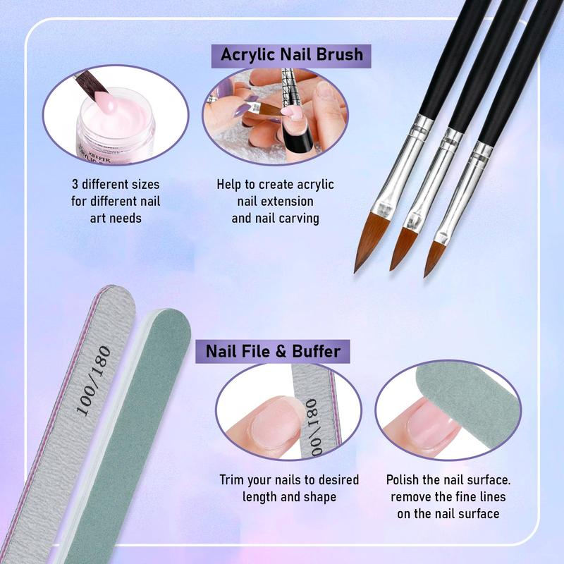 XIFEPFR Acrylic Nail Kit - Clear Pink White Nude Powder & Liquid Monomer Set with Brush Nail Forms Extension Kit for Beginners Home DIY Nail Art