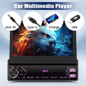 Single Din Flip Out Car Stereo Bluetooth 7 Inch Retractable Touch Screen Car Radio 1 Din Mirror Link/FM/EQ USB/Type-C/AUX SWC, Car Audio Receiver MP5 Multimedia Player with Backup Camera