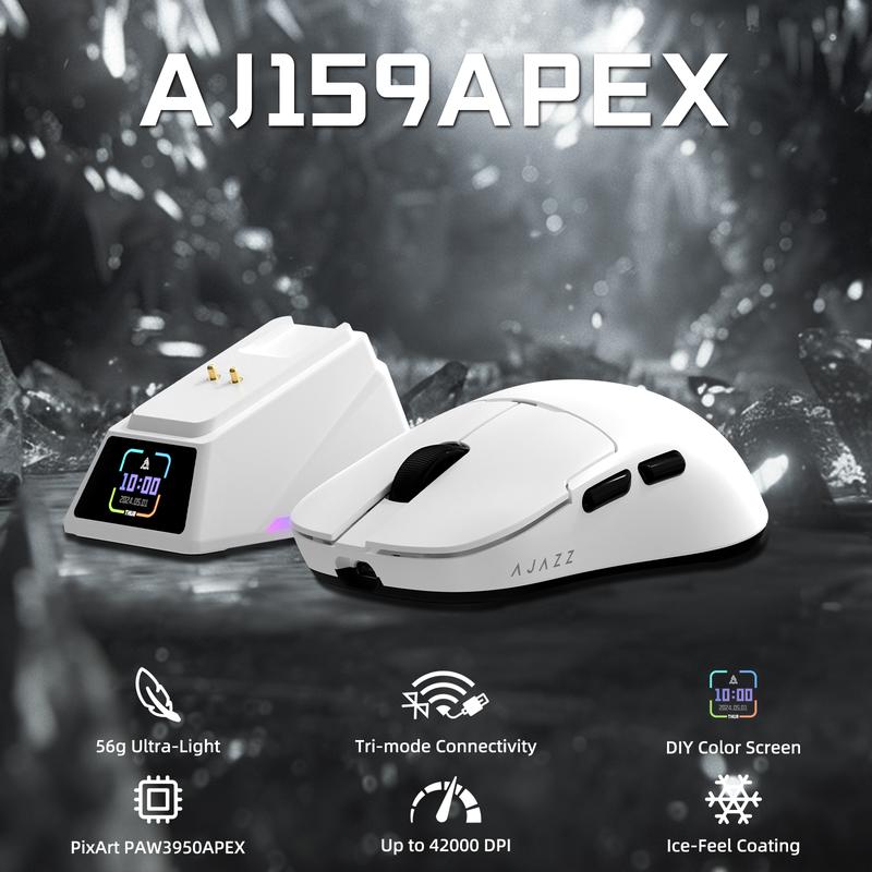 AJAZZ AJ159 APEX Wireless Gaming Mouse with RGB Magnetic Charging Dock, PAW3950APEX Optical Sensor with 42K DPI Max, 56g Lightweight BT/2.4G/USB-C Wired, for PC Mac Gamers
