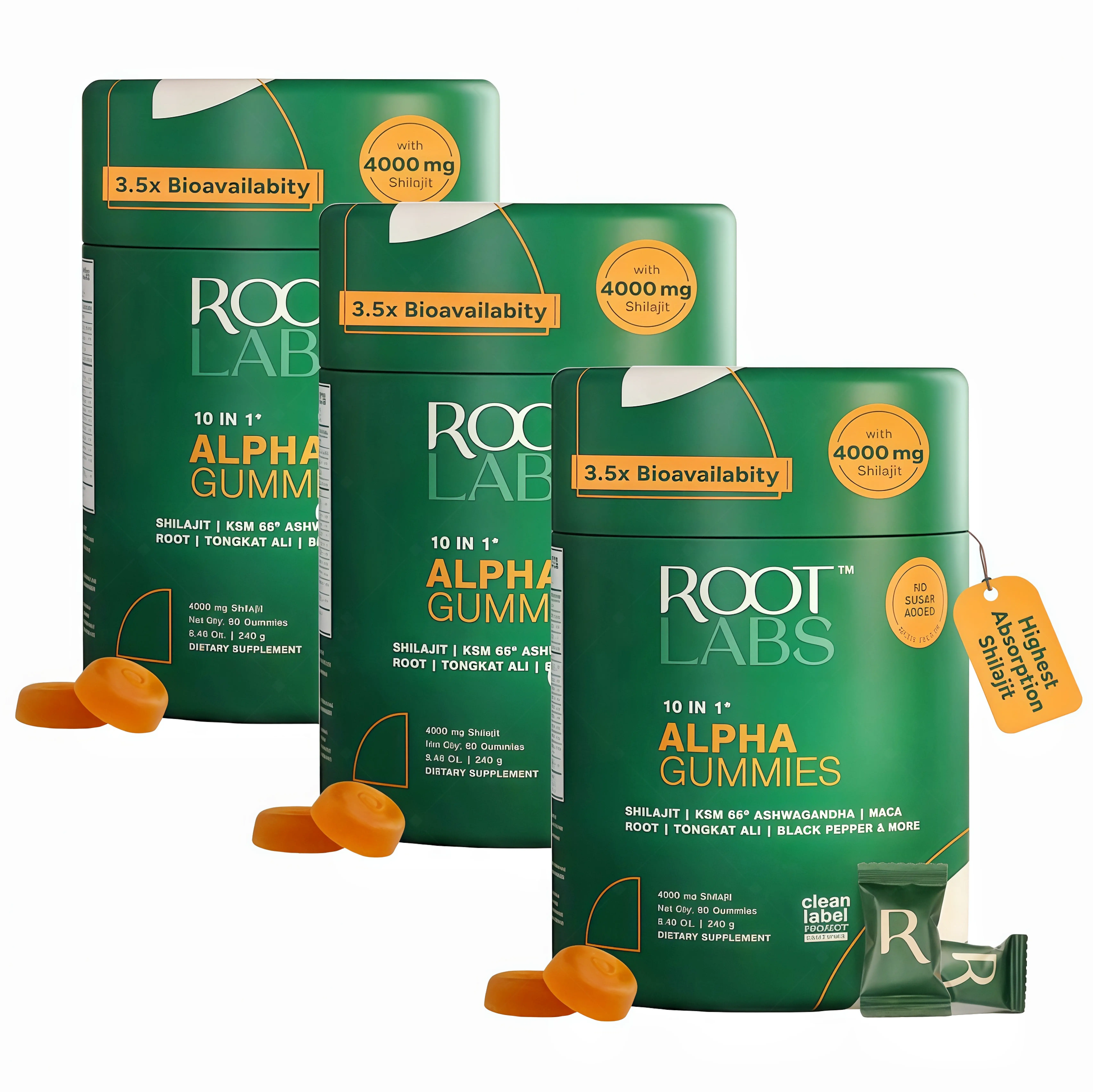 3 Pack Root Labs Alpha 10-in-1 Shilaiit Gummies 4000 mg Holiday Gift RY-Ready Energy Stamina & Focus Zero Sugar KSM-66 Ashwagandha, Tongkat Ali, Maca Vegan 60 Count Vitamin Supplement