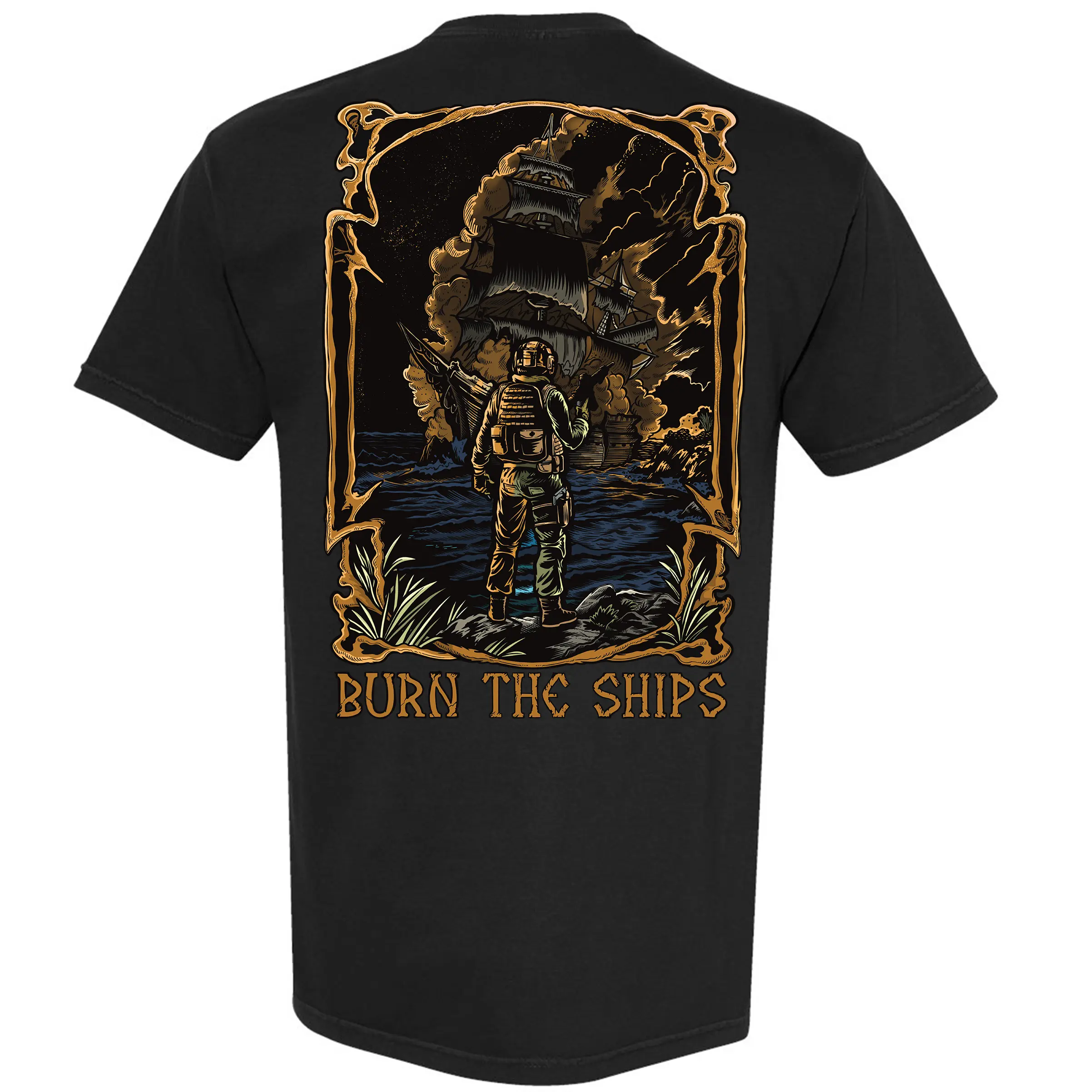 Burn The Ships Tactical T Shirt Featuring Lone Warrior Facing Burning Fleet At Sea, Tactical Military Motivation Graphic Streetwear For Men Who Choose No Retreat Commitment Courage Mindset And Total Dedication