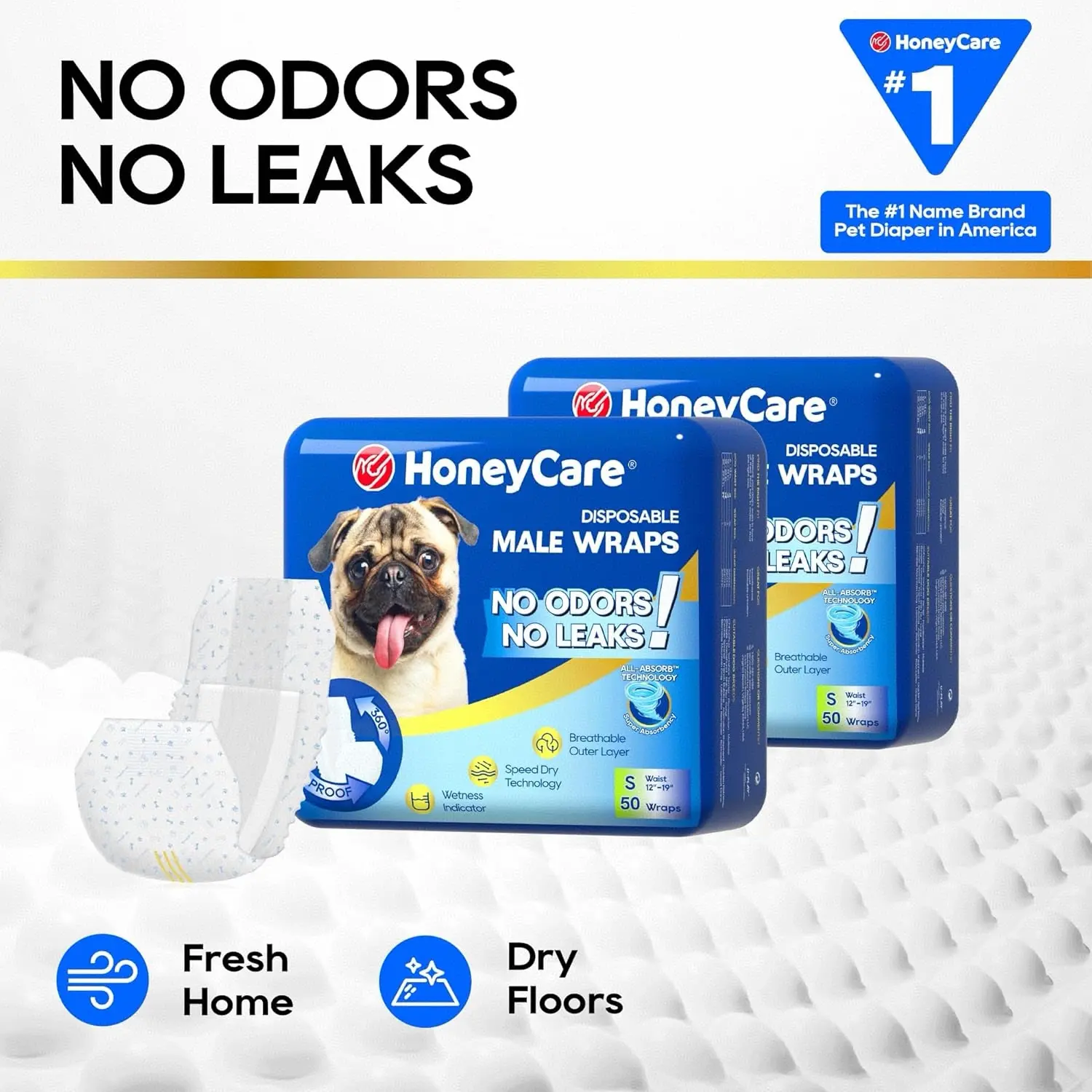 HoneyCare All-Absorb Disposable Male Dog Wrap Diapers - 50 Wraps, Stretchy Fabric, 12-18in Waist, 360-Degree Leak-Proof, Breathable, Fur-Safe Adjustable Fasteners, Summer Pet Supplies (No Leaks Guarantee) #backtoschool