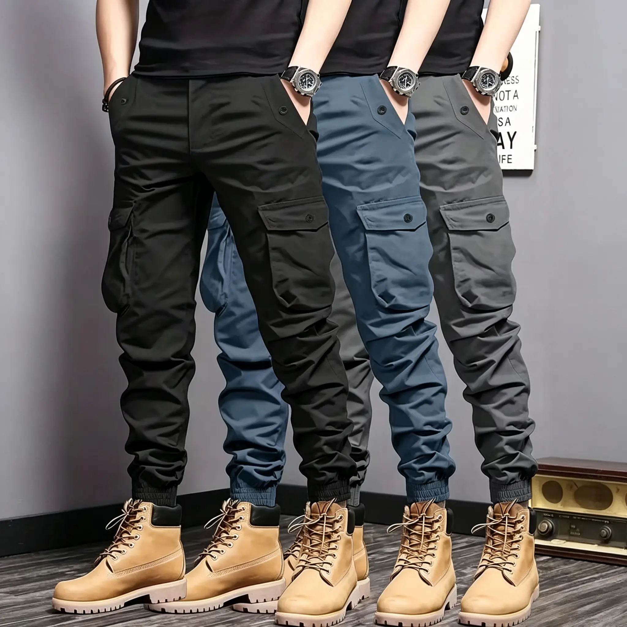 Men’s 3-Pack Multi-Color Cargo Joggers — Multi-Pocket Tactical Casual Long Pants, Versatile Outdoor Workwear Pants