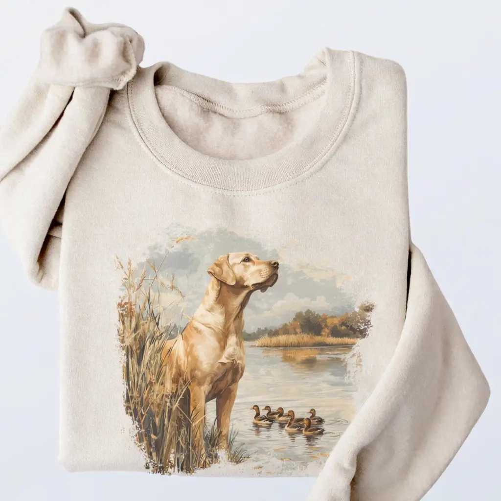 Retro Yellow Lab Mallard Ducks Sweatshirt, Nineties Vintage Labrador Retriever Duck Hunting Shirt, Boho 90s Nostalgia Unisex Crewneck L01VW