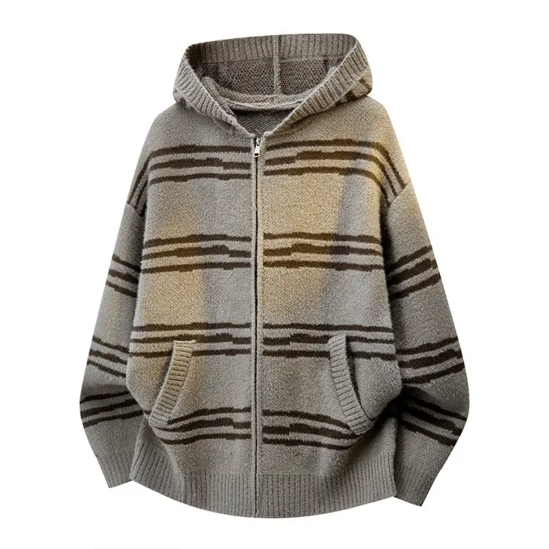 Men’s hooded cardigan, loose and relaxed autumn knit jacket; men’s striped college-style hooded cardigan; retro minimalist sweater; unisex couple-style slouchy base layer long-sleeve top/jacket; soft and comfortable fabric, suitable for everyday wear. sum