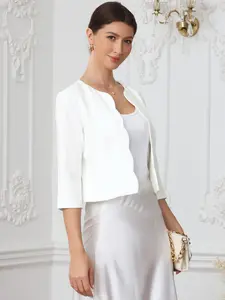 INSPIRE CHIC Crop Blazer for Women's Open Front 3/4 Sleeve Collarless Jacket