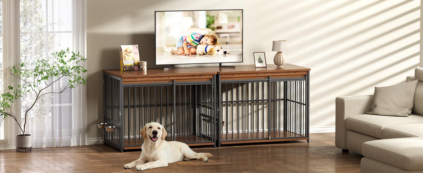 COFIYARD 47/41 inch Wooden Dog House with Sliding Doors & Feeding Windows Multi-functional TV Cabinet Side Table Anti-Chew Design Escape Proof Kennel