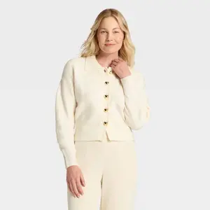 Women's Long Sleeve Heart Button Cardigan Sweater - A New Day Cream XL