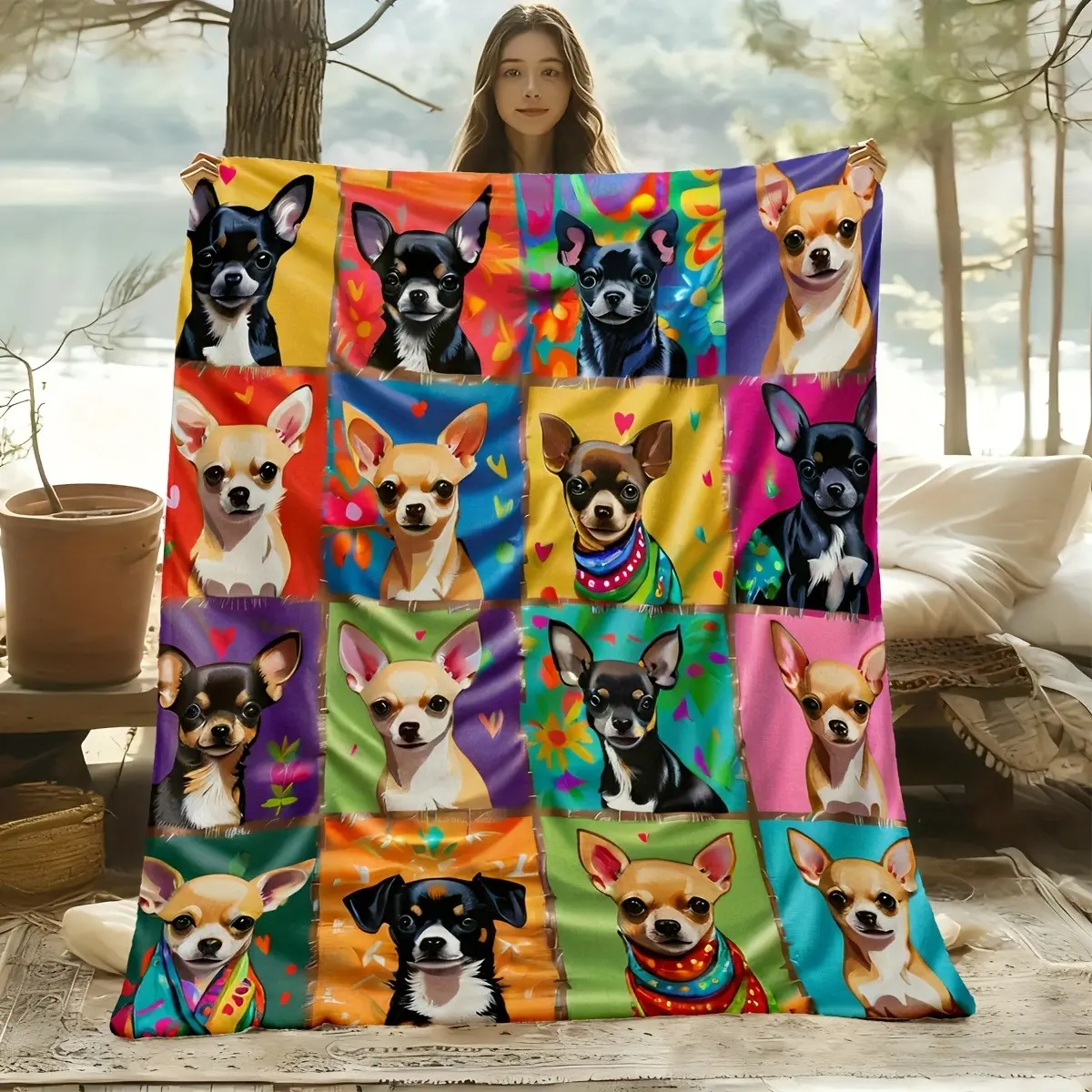 Multi-Size Colorful Pop Art Chihuahua Patchwork Cartoon Flannel Blanket - Cozy Warm, Vibrant Dog Portrait Collage Throw, Decorative Gift for Chihuahua Lovers, Ideal for Home Living Room Relaxation, Cozy Warm Blanket