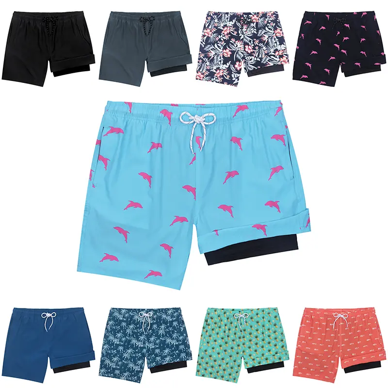 Male 2-in-1 Polyester Swim Trunks, Quick Dry Stretch Bathing Suits with Compression Liner, 7" Classic Cut 7" Beach Coverage Sports Shorts