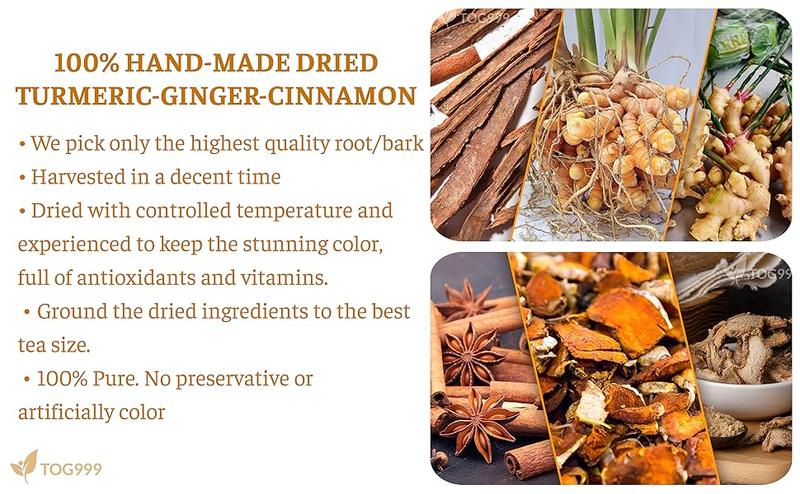 Turmeric Ginger and Cinnamon Tea, 100% Natural, Anti-Inflammatea. 100% handmade, Eco-conscious Tea Bags. No Sugar, No Caffeine, No Gluten, Vegan.
